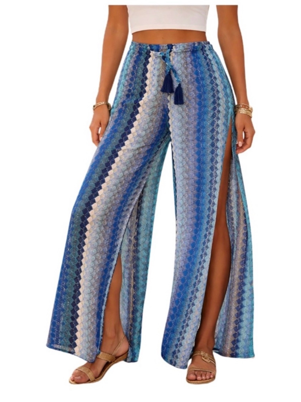 BECCA Blue Crochet Cover-Up Pants | Resort Beach Wide Leg | Size S NWOT